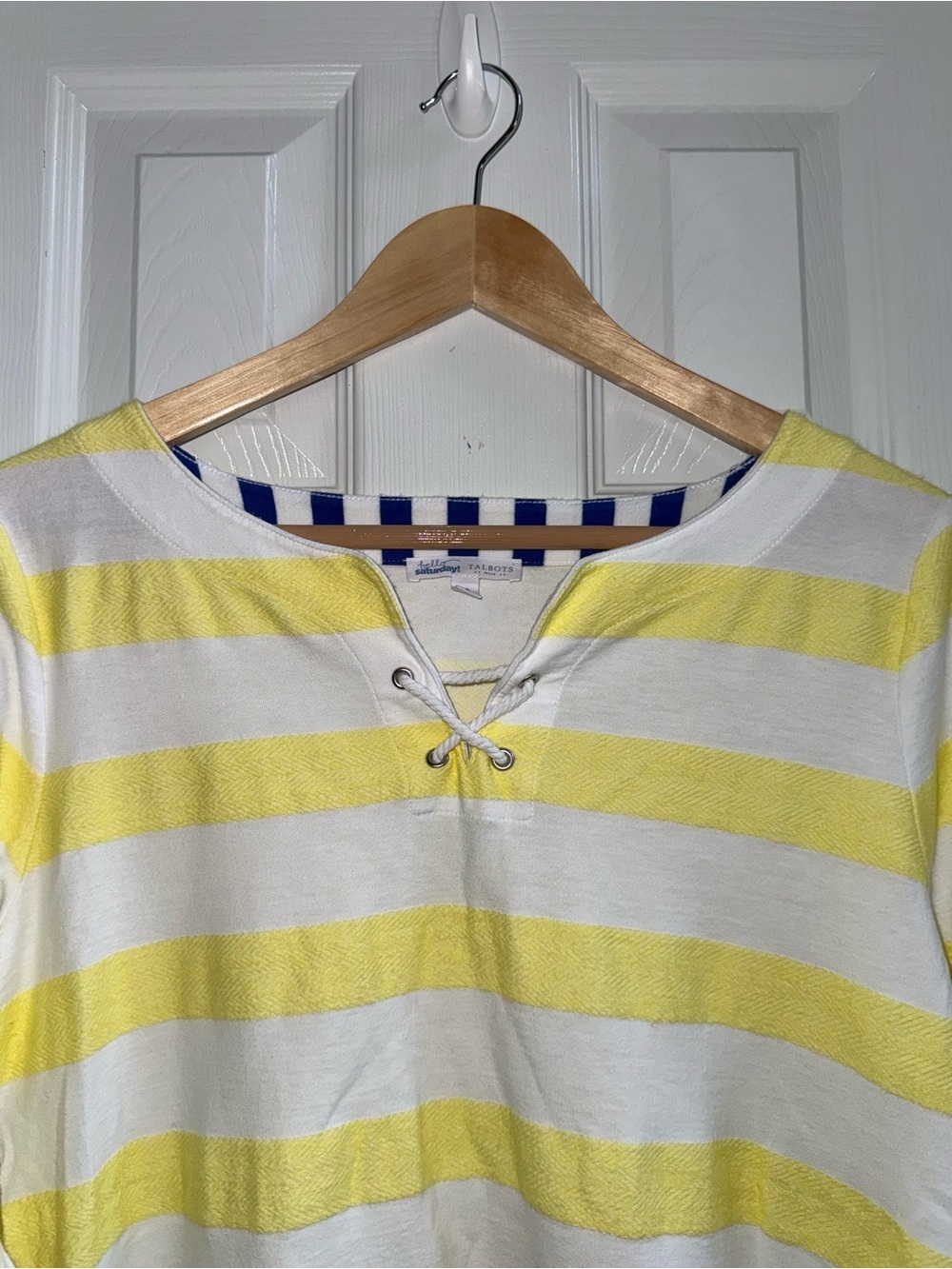 Talbots Nautical Tie 3/4 Sleeve Top Sz LP Blue White Yellow Strip Beach Resort - Picture 3 of 7